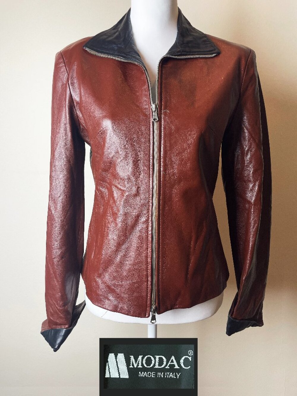 Vintage Modac Italy Cognac Red Brown Leather Full Zipper Moto Jacket Size 42